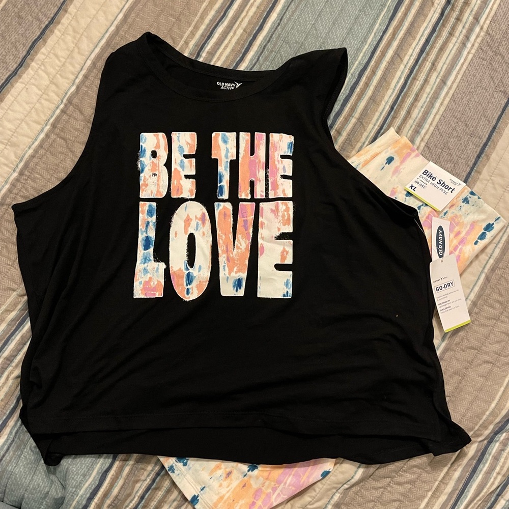 Old Navy Black and Pink Boxy Graphic Muscle Tee and Biker Shorts